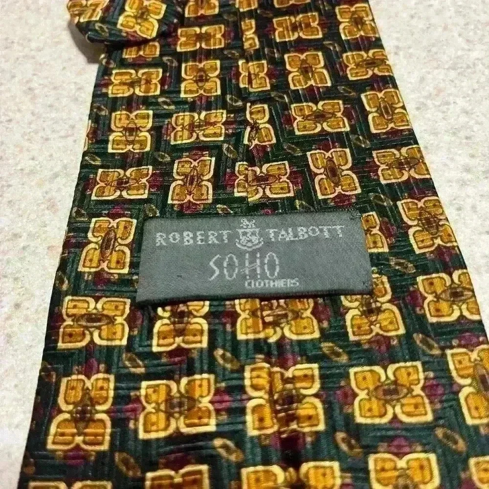 Robert Talbott Silk Necktie Green/Gold Square Print Handsewn